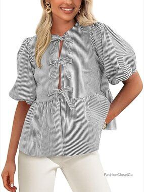 Tie Front Striped Blouse with Puffy Sleeves Babydoll Top Crew Neck
